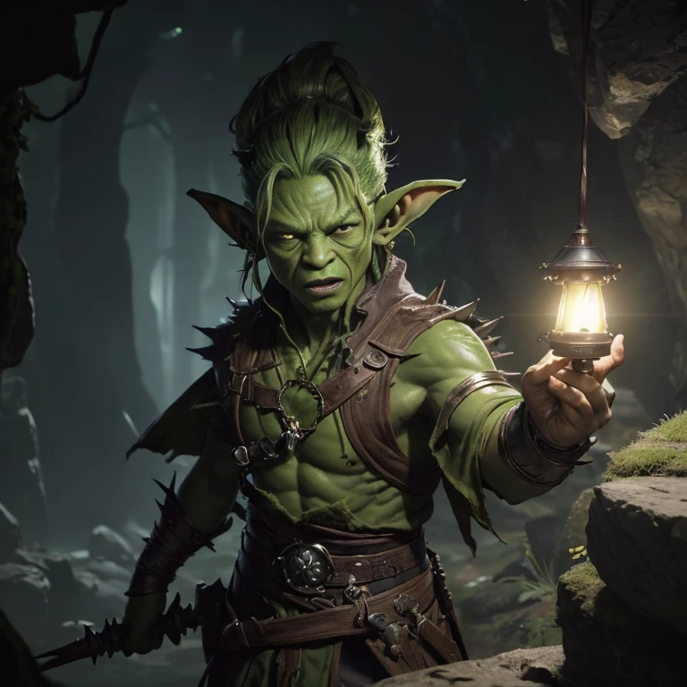 (master piece:1.5), (best quality:1.5), (exquisite lighting and shadow, highly dramatic picture, cinematic lens effect) (Photorealistic picture) (Card game image) 8k, wallpaper, dynamic pose, a ugly shorty light green skin goblin with big ears wearing a pointy and damaged wizard brown tunic with spikes, cave background, highly detailed, realistic, cinematic lighting, studio quality
