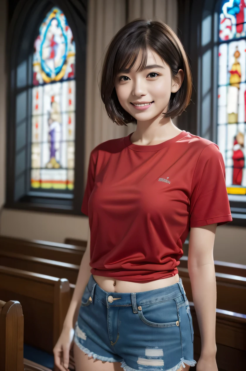 The beauty of 8K raw photos:2.0, Japanese woman, short hair, beautiful face and dark eyes, looking down, looking at the viewer:1.5, big smile, wet hair, tiny top, (red shirt and denim shorts:1.2), shinny skin, realistic:1.9, very detailed, full body shot:1.2, High resolution RAW color photos, professional photos, Taken at front of the stained glass in church, girl sexy portrait