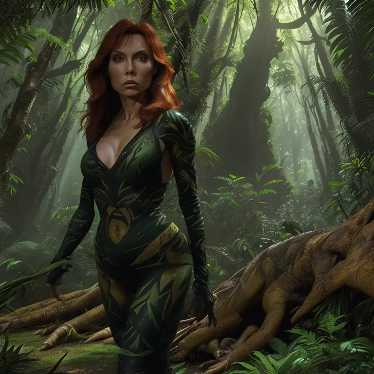 (general)a girl in a dinosaur-infested jungle, gates mcfadden(age 25) is a scantily clad dinosaur hunter, fiercely holding high-...