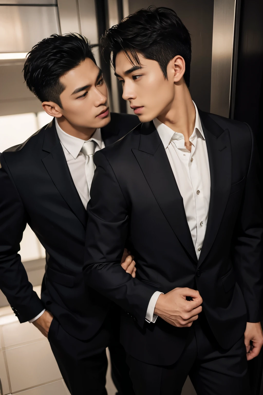 two men, two males, hyper realistic image of extremely handsome 30 year old filipino man, mature features, wearing a fancy suit, kissing a handsome 30 year old muscular filipino man wearing a fitted black suit, in an enclosed elevator, sex from behind, standing sex, perfect face, front view, full body, fill frame, zoomed out, highly detailed, intricate details, sharp focus