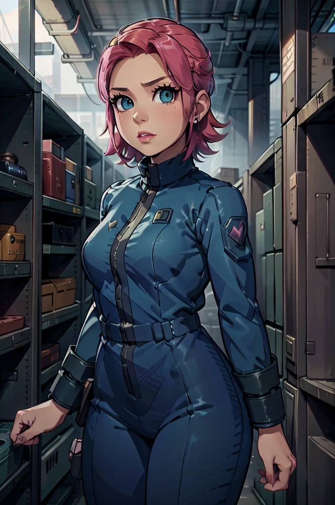 Mayl Sakurai reimagined as a vault dweller, doing maintenance in an underground vault. Her vibrant pink hair stands out against the dimly lit environment. She is a 26-year-old woman dressed in a vault dweller jumpsuit, indicative of her role in the post-apocalyptic world. The jumpsuit is worn but still functional, reflecting the harsh conditions of life underground. Her face is beautifully detailed, with expressive eyes that convey determination and intelligence. Her lips are also well-defined, adding to her overall allure.

In the vault, Mayl Sakurai is seen operating a pipboy, a wrist-worn device that serves as an essential tool and information hub for survival in the vault. The pipboy's screen emits a soft glow, illuminating Mayl's face and casting a subtle green hue on the surroundings. The details on the pipboy, from its buttons to its display, are extremely detailed, showcasing its futuristic design.

The underground vault is filled with mechanical equipment and pipes, emphasizing the importance of maintenance in this post-apocalyptic world. The atmosphere is gritty and industrial, with a hint of mystery and danger. The lighting is dim and has a hint of blue tones, enhancing the underground ambiance.

Despite the grim surroundings, Mayl Sakurai exudes confidence and strength as she jumps into action, ready to fulfill her duties as a vault dweller. Her posture and expression suggest that she is prepared to face any challenge that comes her way.

The image quality should be at its best, with 4K resolution and ultra-detailed rendering, capturing every intricate detail of the scene. The colors should be vivid, emphasizing the contrast between Mayl's vibrant pink hair and the dimly lit environment. The overall style should lean towards a post-apocalyptic concept art aesthetic, blending realism with a touch of fantasy.

In summary, the Stable Diffusion prompt for the provided theme would be:
Mayl Sakurai reimagined as a vault dweller, doing maintenance in an undergr