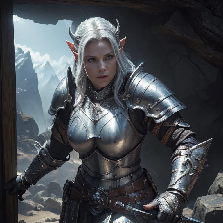 (master piece:1.5), (best quality:1.5), (exquisite lighting and shadow, highly dramatic picture, cinematic lens effect) (Photorealistic picture) (Card game image) 8k, wallpaper, dynamic pose, a white skin orc female knight wearing a damaged silver armor, large arms, mountains cave background, highly detailed, realistic, cinematic lighting, studio quality
