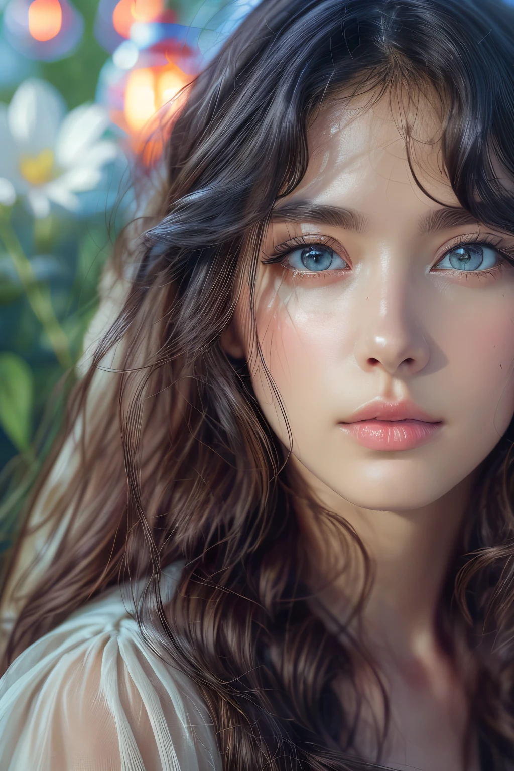 (best quality,4k,8k,highres,masterpiece:1.2),ultra-detailed,(realistic,photorealistic,photo-realistic:1.37),beautiful detailed eyes,beautiful detailed lips,extremely detailed blue eyes and face,longeyelashes,flowing hair,garden scenery,colorful flowers,butterflies flying,soft lighting,rich colors,medium: oil, high nose,  