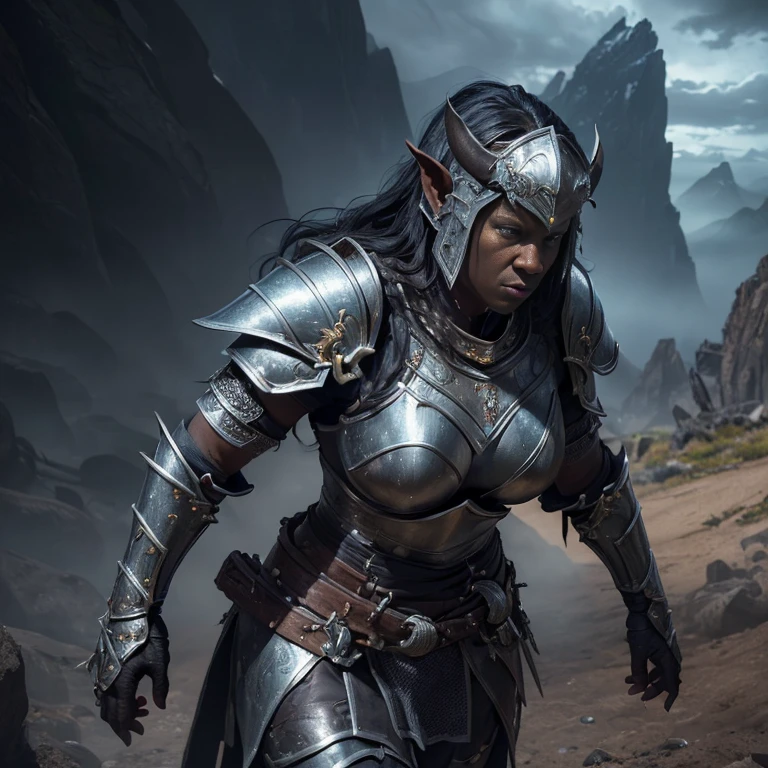 (master piece:1.5), (best quality:1.5), (exquisite lighting and shadow, highly dramatic picture, cinematic lens effect) (Photorealistic picture) (Card game image) 8k, wallpaper, dynamic pose, a black skin orc female knight wearing a damaged silver armor, large arms, mountains cave background, highly detailed, realistic, cinematic lighting, studio quality
