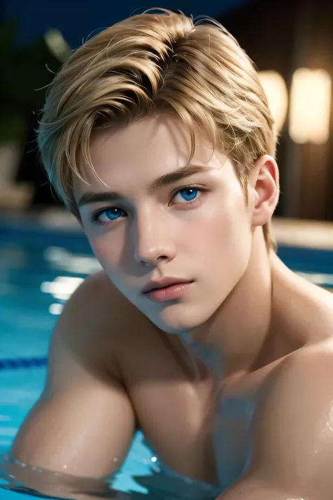 (Best Quality, Realistic, Male), 15 Years Old, (1 Boy), Detailed Eyes, Detailed Lips, Blonde Hair, Combed Hair, Blue Eyes, Swimm...