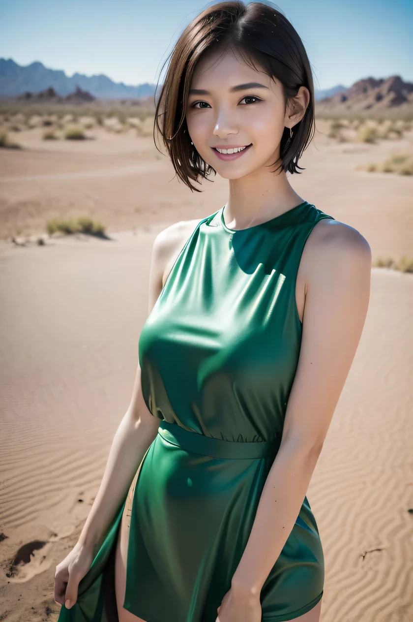 The beauty of 8K raw photos:2.0, Japanese woman, short hair, beautiful face and dark eyes, looking down, looking at the viewer:1.5, big smile, wet hair, tiny top, (green dress:1.2), shinny skin, open wide legs, realistic:1.9, very detailed, full body shot:1.2, High resolution RAW color photos, professional photos, Taken at the desert, girl sexy portrait