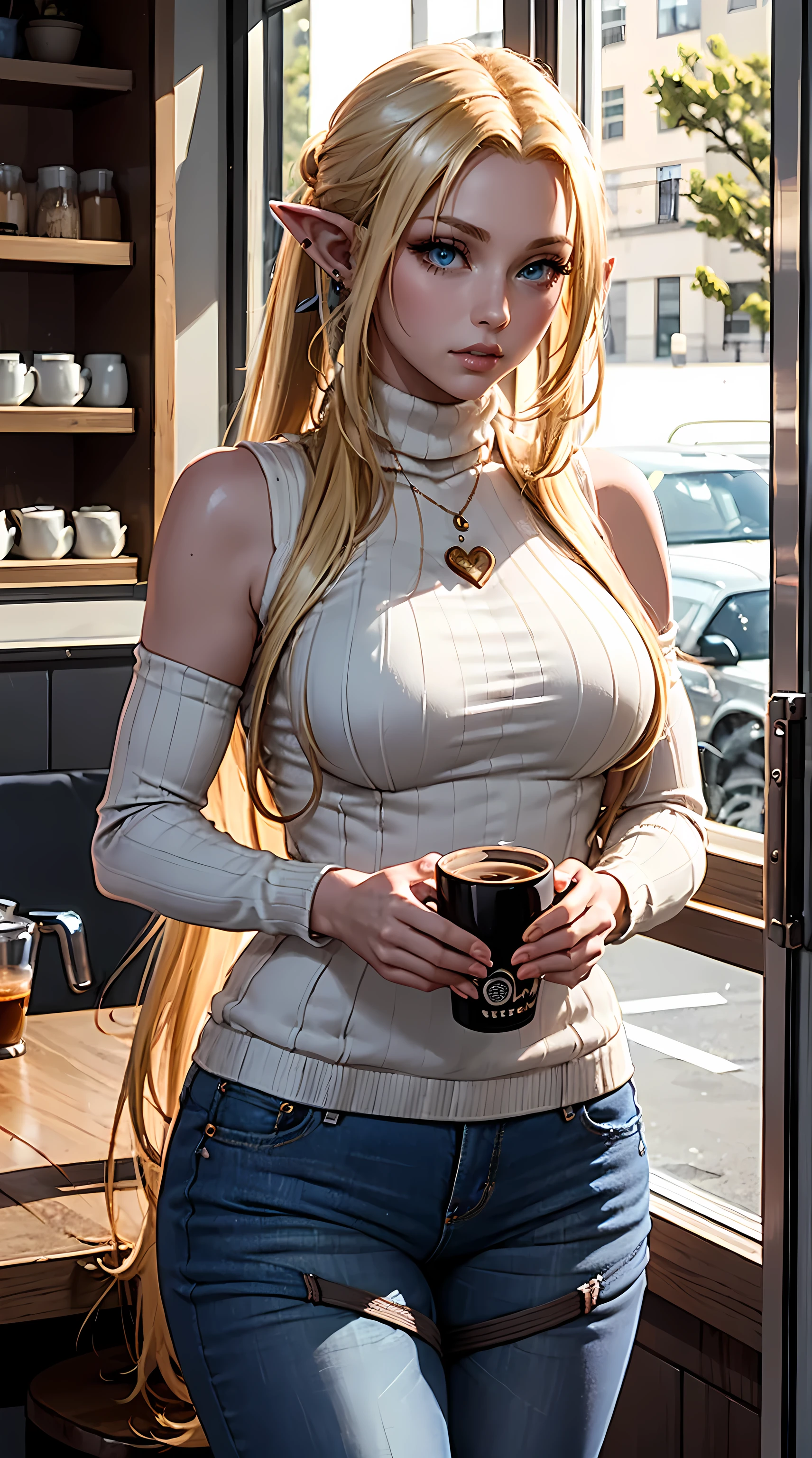 Beautiful long blonde hair woman is shown to have a sexy figure, she is wearing a sexy turtleneck sleeveless sweater and jeans, cozy look, ponytail, pointy ears, blue eyes, girl in a coffee shop ,sexy session, sexy pose, cowboy shot, superior quality, many details, realistic