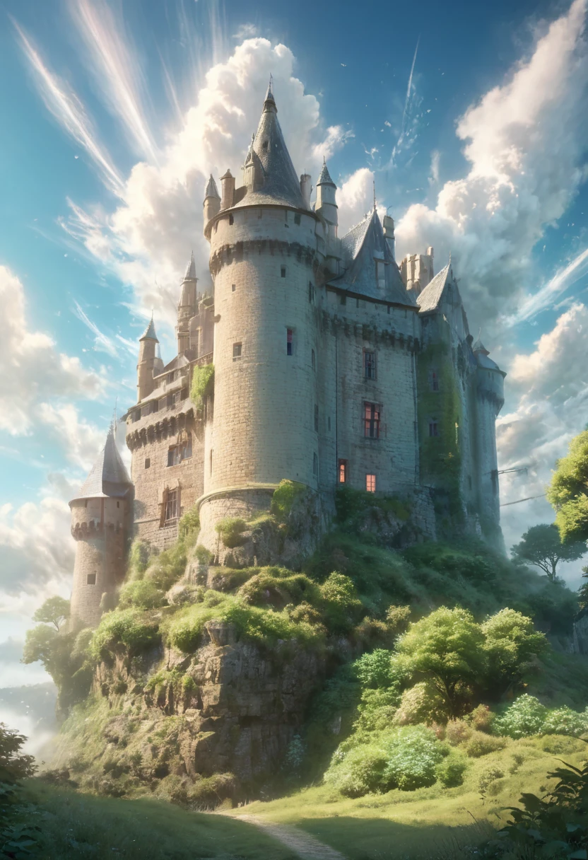 (best quality,4k,8k,highres,masterpiece:1.2),ultra-detailed,realistic:1.37,a beautiful castle in the clouds,dreamy,idyllic,ethereal,hyper-detailed,8k,HD,illustration,soft lighting,impressive architecture,floating in the sky,lush green landscape,outstanding craftsmanship,colorful fantasy,enchanted atmosphere,sublime beauty,meticulous attention to detail,towering turrets,grandiose entrance,unreal skies,endless horizon,enchanting scenery,whimsical clouds,floating islands,intricate textures,dreamlike haze,tranquil mood,magical vibes,serene atmosphere,Azure blue skies,gorgeous sunset,soft pastel tones,subtle gradients,awe-inspiring view,impressive scale,hidden secrets,secluded paradise,peaceful ambiance,mysterious aura,captivating charm,unforgettable experience.