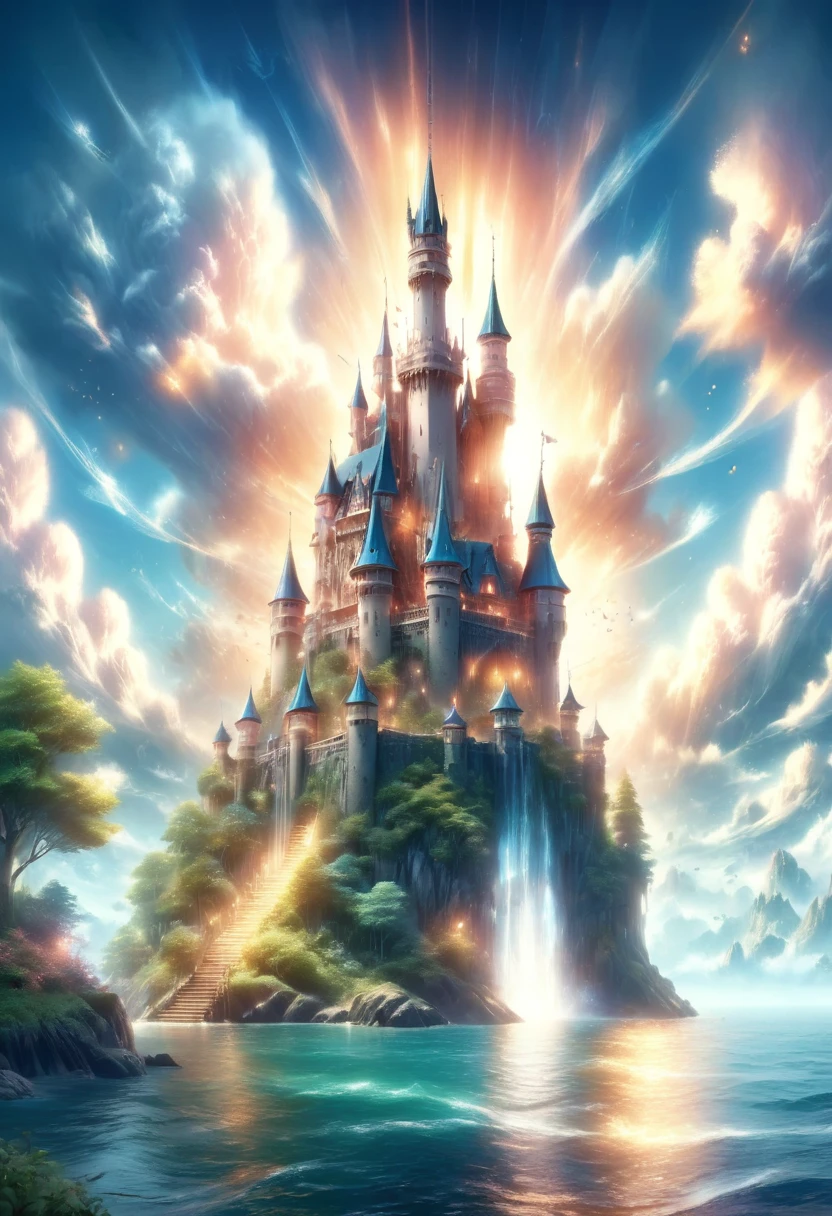 (best quality,4k,8k,highres,masterpiece:1.2),ultra-detailed,realistic:1.37,a beautiful castle in the clouds,dreamy,idyllic,ethereal,hyper-detailed,8k,HD,illustration,soft lighting,impressive architecture,floating in the sky,lush green landscape,outstanding craftsmanship,colorful fantasy,enchanted atmosphere,sublime beauty,meticulous attention to detail,towering turrets,grandiose entrance,unreal skies,endless horizon,enchanting scenery,whimsical clouds,floating islands,intricate textures,dreamlike haze,tranquil mood,magical vibes,serene atmosphere,Azure blue skies,gorgeous sunset,soft pastel tones,subtle gradients,awe-inspiring view,impressive scale,hidden secrets,secluded paradise,peaceful ambiance,mysterious aura,captivating charm,unforgettable experience.