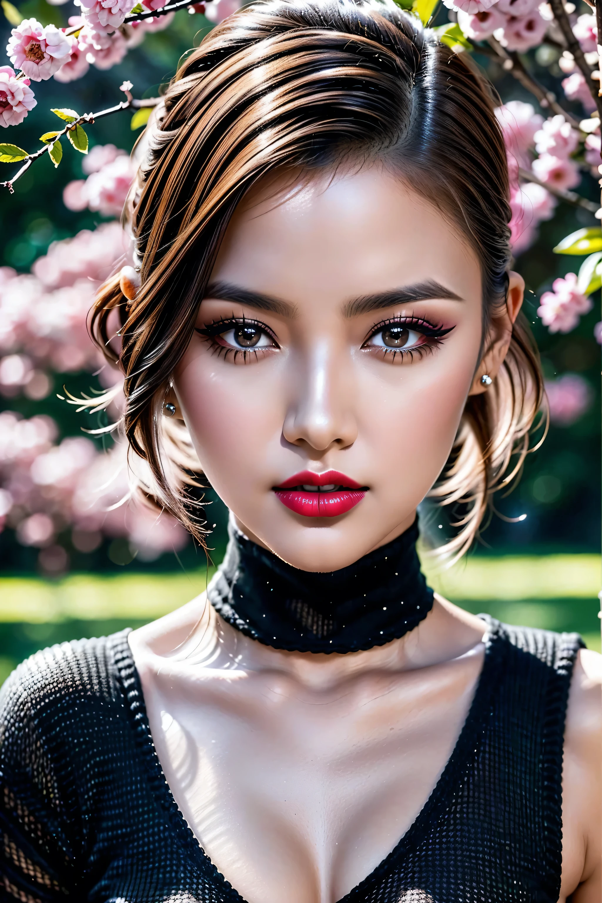 ((Intricately sharp-detailed photo:1.25)), ((soft cinematic lighting:1.2)), ((1girl:1.3 20-year-old)), European fashion supermodel, (photorealistic)),(Ultra Realistic),((sharp focus)),(highest resolution), (the most absurd quality), (masterpiece), (Illustration), 32K, (Best Illustration), ((best high quality real texture skin)), (highly quality texture hair),BREAK,((brown hair(slicked to the side) Intricately detailed:1.23)), (outside,an orchard of blooming cherry trees:1.3), perfect proportions,(anatomically correct),(firm and full big breasts:1.25),((small round head)),((high detailed realistic Super beautiful slim and sharp-face)), (best highest detailed realistic black eyes:1.4), ((super realistic sharp-eyes)), (tired and sleepy and satisfied:0.0), close up of a woman's eyes, perfect round eyes, finely detailed pupils,BREAK,detailed lips:1.3,pink_makeup:1.22, long_blue_eyeliner:1.28, (red_lipstick:1.3),(perfect dark_eyeshadows:1.45), (super detailed professional makeup on eyes:1.3), (Detailed nose:1.2),BREAK, ((wearing a tight black knitted mini dress:1.35)),(small head), exquisite balance of shadows, perfect composition, Velvety skin, Looks mesmerising, (look at the viewer),((wide shot)), (dark shot:1.2), Hasselblad, 85mm f/4.0