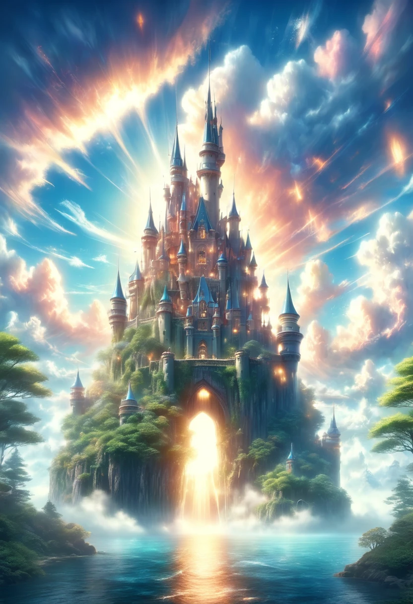 (best quality,4k,8k,highres,masterpiece:1.2),ultra-detailed,realistic:1.37,a beautiful castle in the clouds,dreamy,idyllic,ethereal,hyper-detailed,8k,HD,illustration,soft lighting,impressive architecture,floating in the sky,lush green landscape,outstanding craftsmanship,colorful fantasy,enchanted atmosphere,sublime beauty,meticulous attention to detail,towering turrets,grandiose entrance,unreal skies,endless horizon,enchanting scenery,whimsical clouds,floating islands,intricate textures,dreamlike haze,tranquil mood,magical vibes,serene atmosphere,Azure blue skies,gorgeous sunset,soft pastel tones,subtle gradients,awe-inspiring view,impressive scale,hidden secrets,secluded paradise,peaceful ambiance,mysterious aura,captivating charm,unforgettable experience.