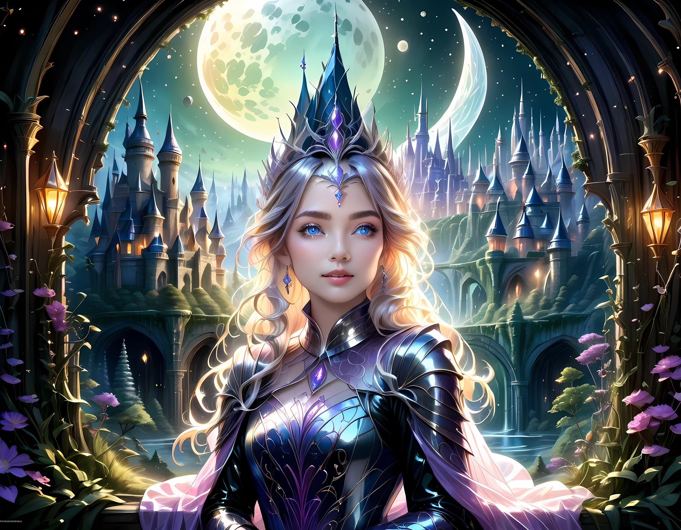 fantasy art, RPG art, a portrait picture of a (beautiful human princess: 1.2) looking through her window at a magical castle, a beautiful elven princess looking through her window to see a magical castle, wearing latex dress, an impressive best detailed castle, with towers, bridges, a moat, standing on top of a mountain, moon, colouredglazecd_xl, BJ_Full_Moon