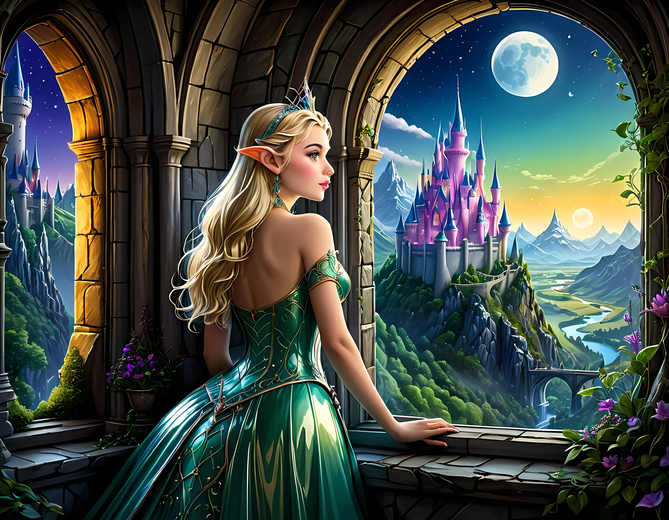 fantasy art, RPG art, a portrait picture of a (beautiful human princess: 1.2) looking through her window at a magical castle, a beautiful elven princess looking through her window to see a magical castle, wearing latex dress, an impressive best detailed castle, with towers, bridges, a moat, standing on top of a mountain, moon, colouredglazecd_xl, BJ_Full_Moon