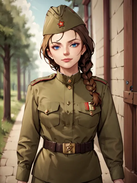 check_9, check_8_up, check_7_up, source_аниме break 1girl, one,soviet military uniform, soviet cap, belt, brown hair, braided ha...