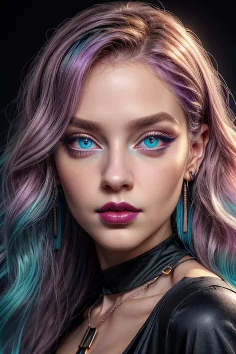 beautiful young girl with wavy purple hair, black necklace around the neck, ((light bright turquoise eyes)), Artgerm, Стэнли Art...