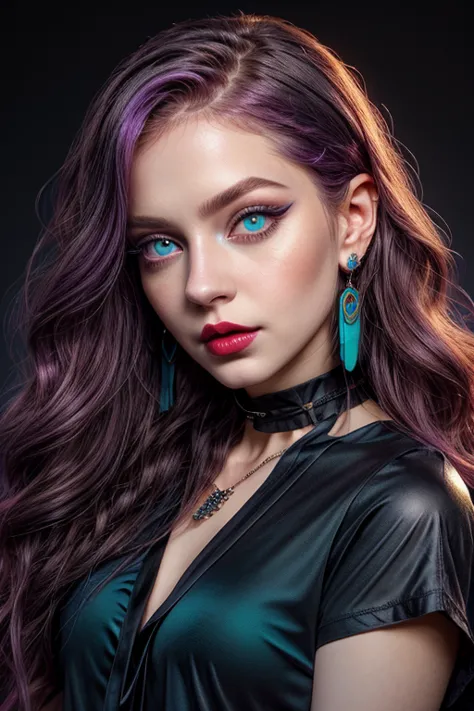 beautiful young girl with wavy purple hair, black necklace around the neck, ((light bright turquoise eyes)), Artgerm, Стэнли Art...