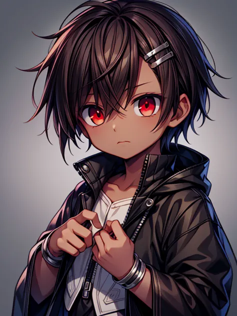 masterpiece high res, high definition, (((dark skin tone))),dark skin male, dark skin, cute shota,red eyes, black hairpin, brown...