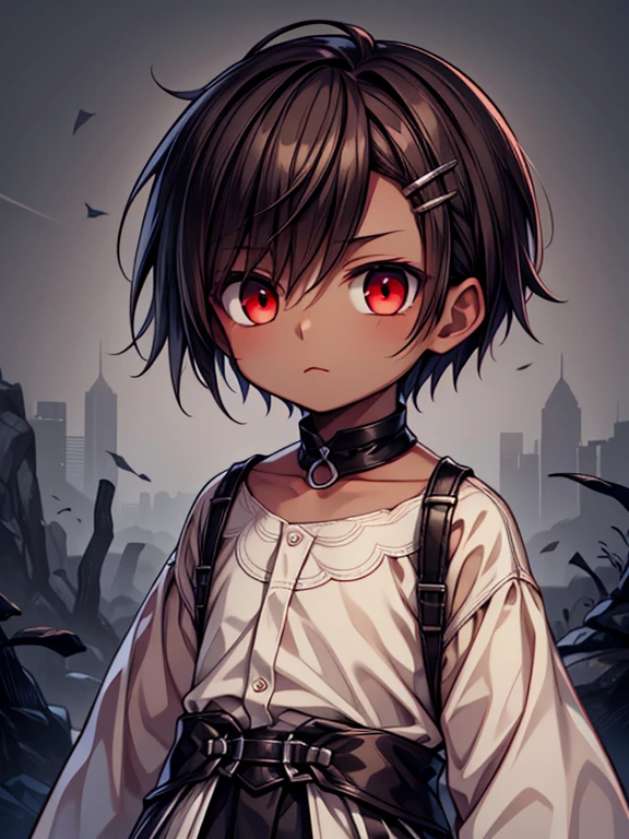 Masterpiece High res, high definition, (((dark skin tone))),dark skin male, dark skin, cute shota,red eyes, black hairpin, brown hair, medium dark brown hair,