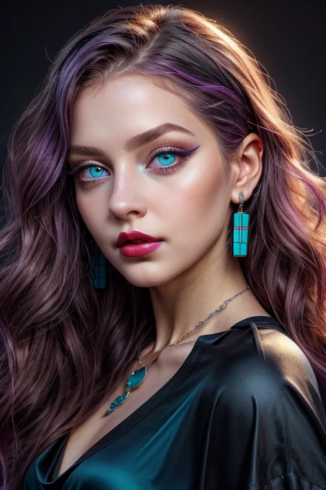 beautiful young girl with wavy purple hair, black necklace around the neck, ((light bright turquoise eyes)), Artgerm, Стэнли Art...