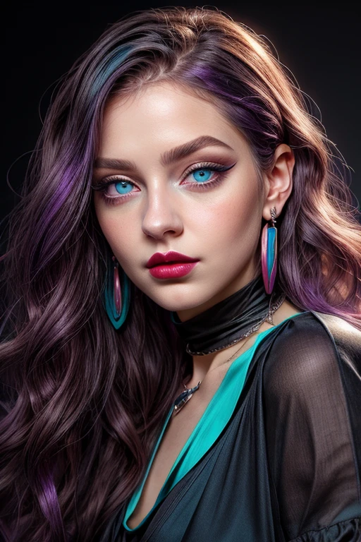 hermosa joven con cabello morado ondulado, collar negro alrededor del cuello, ((ojos color turquesa claro y brillante)), germen de arte, Стэнли germen de arte Лау, una pintura digital de un, arte digital, (top negro con cuello en V), ((camisa azul)), ((((Miro al espectador)))), ((labios rojo pálido)), (piel pálida), Maquillaje negro intenso, delineador de ojos negro y sombra de ojos, cabello de gran volumen, (Cara linda), foto realista, Obra maestra, 1 chica, mejor calidad, retrato, 8k, iluminación hiperrealista,