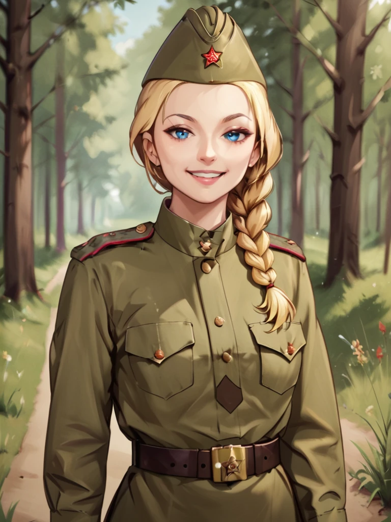 check_9, check_8_up, check_7_up, source_аниме BREAK 1girl, One,Soviet Military Uniform, soviet cap, belt, Blonde hair, braided hair in a ponytail, looks at the viewer, emotions, smile, skirt, Blue eyes, on the field near the tank