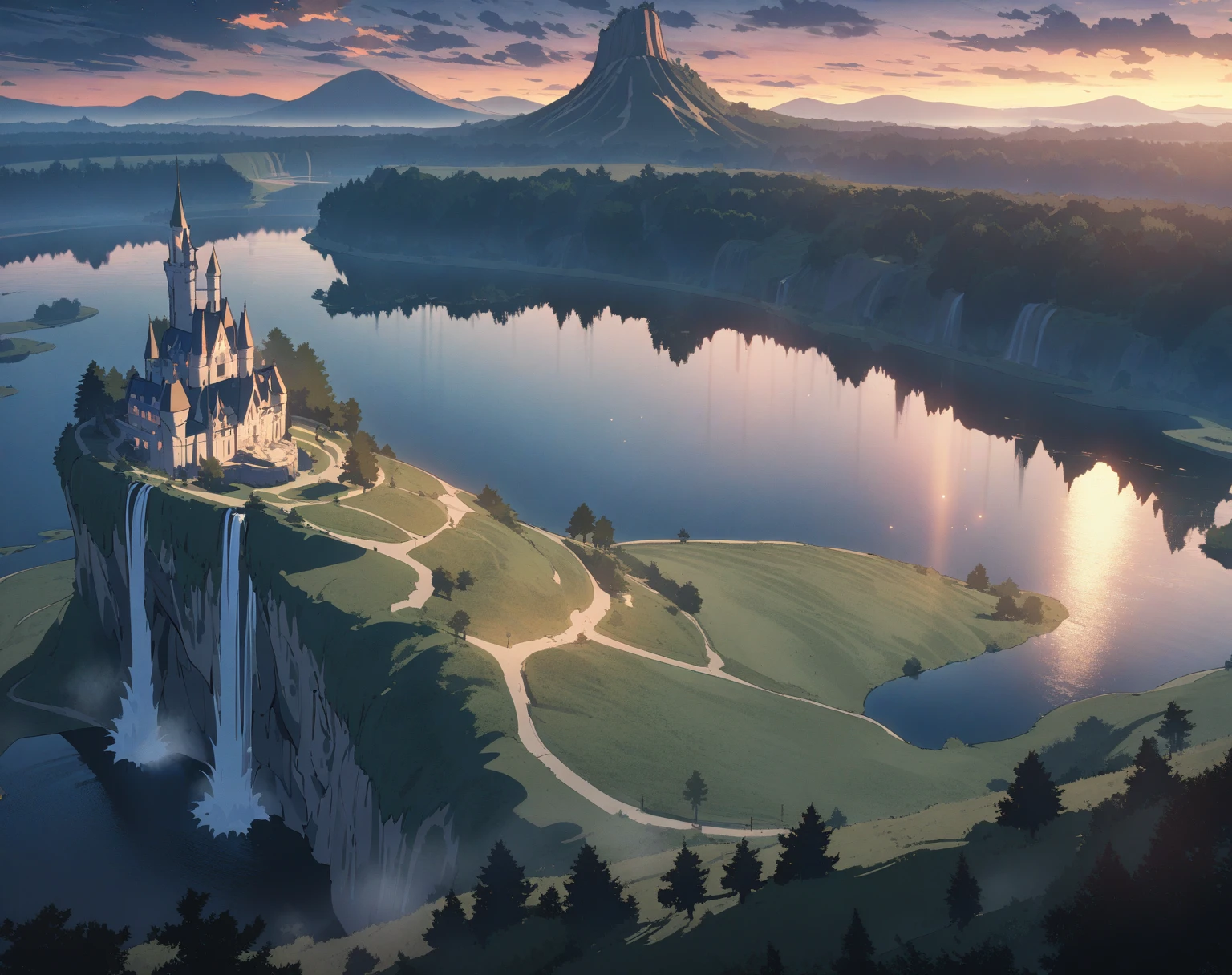 (Masterpiece, best quality, highres, up close) {{Artist: Sincos}} castle on hill, waterfall to the left, above lake, dawn, stars, clouds, fantasy setting.
