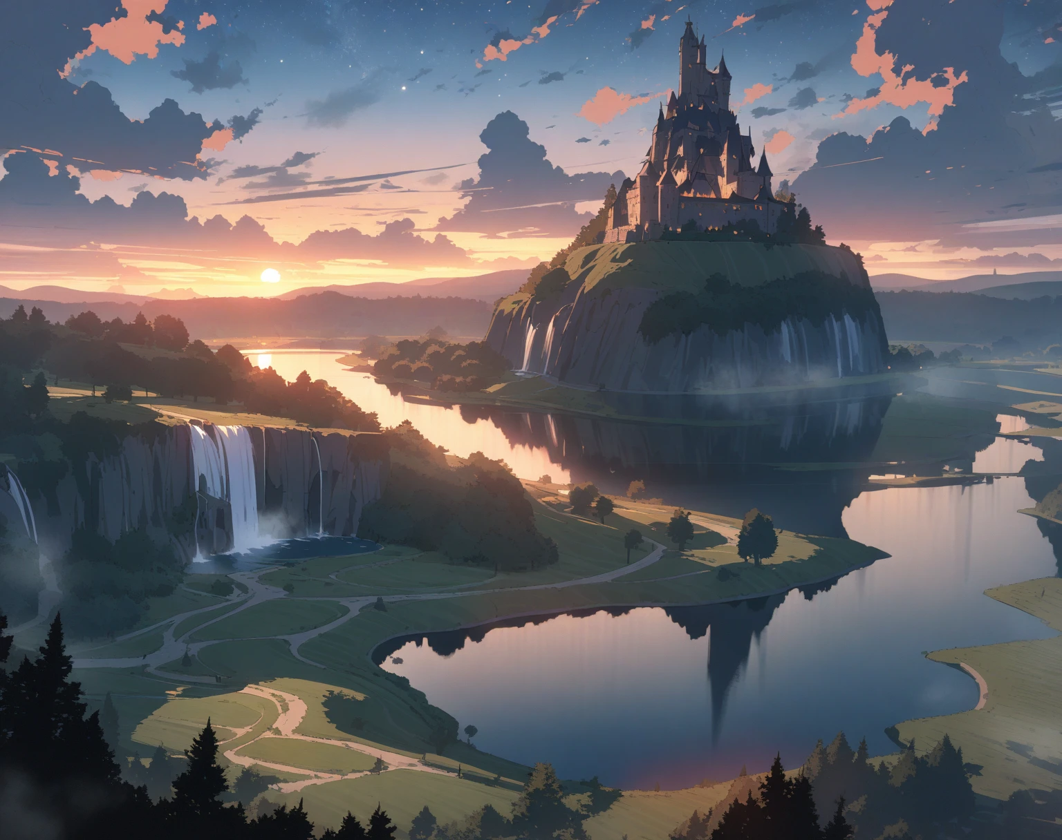 (Masterpiece, best quality, highres, up close) {{Artist: Sincos}} castle on hill, waterfall to the left, above lake, dawn, stars, clouds, fantasy setting.

