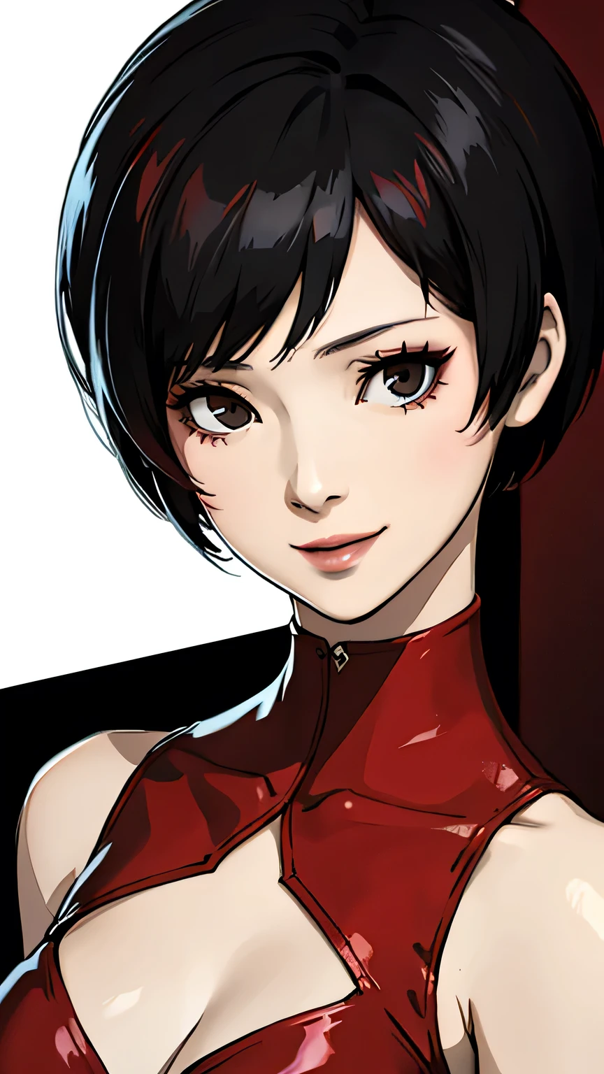 Ada wong, red dress, black choker, half body, black eyes, smile