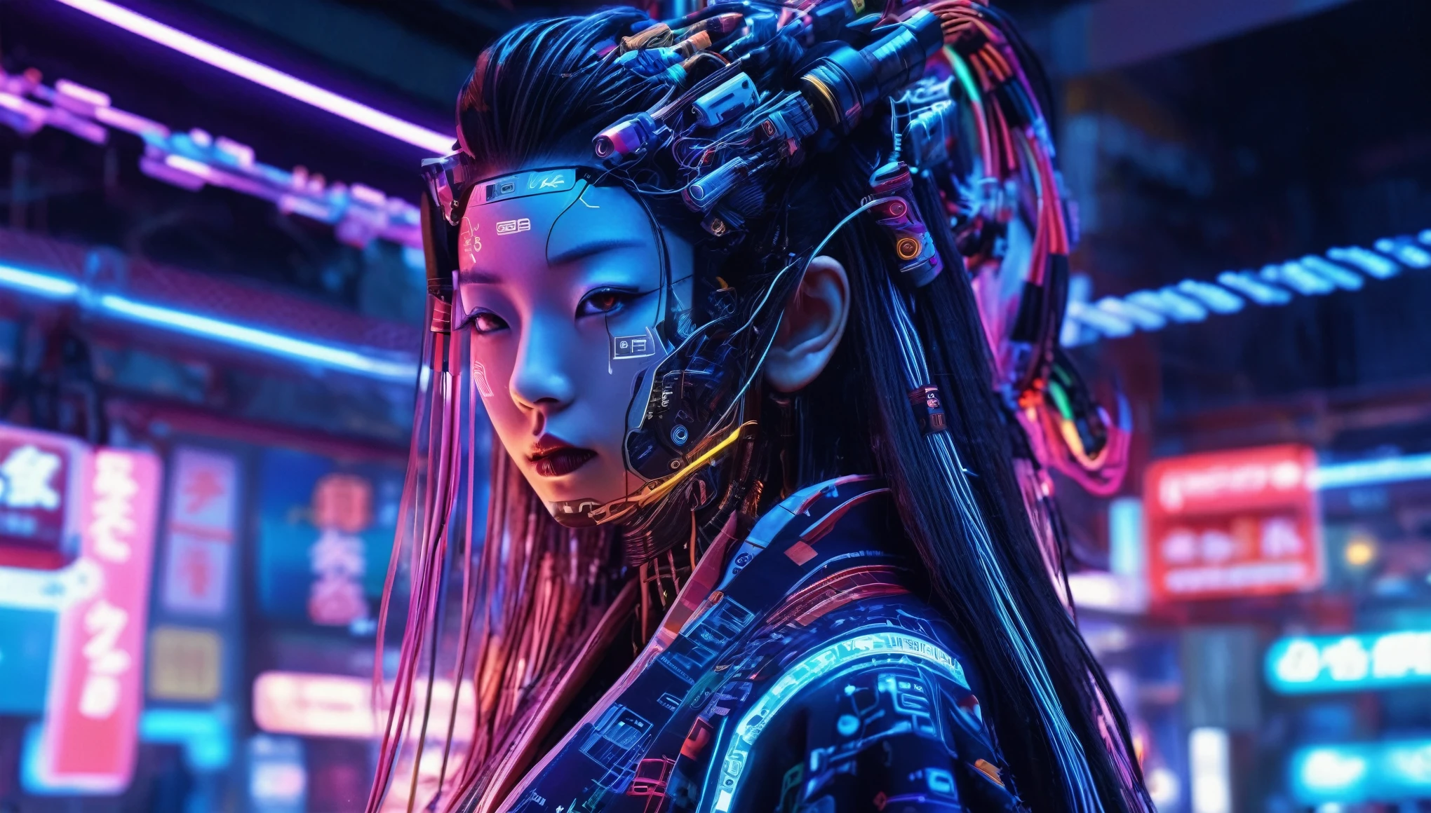 High technology, futuristic, cyborg girl, (photorealistic:1.4), long hair made of cables, robotic, lots of computer cables in the bacground, ultra high res, uhd, 8k, neon lights, japanese culture, kimono, jspanese demon