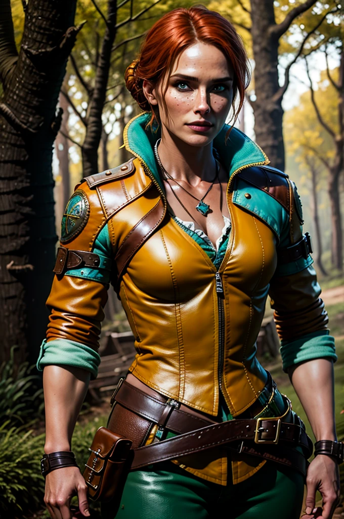 Un portrait de Tr1ss portant une veste en cuir jaune avec des garnitures turquoise sur fond de bois