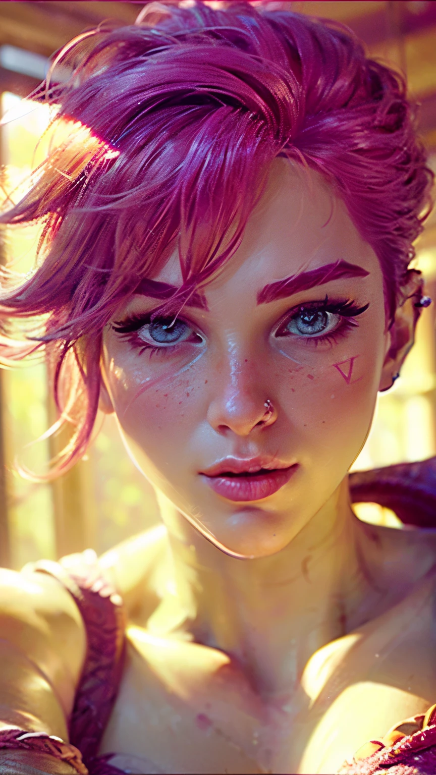 vi,(((ultra realistic))) Photo, masterpiece, top quality, (pale skin), (Ultra detailed face and eyes:1.3), 1 girl, Adult, In Lifchik, ((Eye makeup, pink mascara)), ((large detailed lips)), ((pink wavy hair)), ((Stylish hairstyle)) , (Natural breasts), Slim waist. ((Posing, Hand on face)), photoshoot, Studio soft lighting, (The play of light and shadows), depth of field, bokeh, (special attention to skin detail: 1.2), Detailed leather texture, skin pores. (Airy atmosphere of the frame. Color range - delicate, Bright, Pink tones), UDR, ((Film grain)), ((rays)), (Glare), ((waist up portrait, close to the camera)) , ultra detialed, 