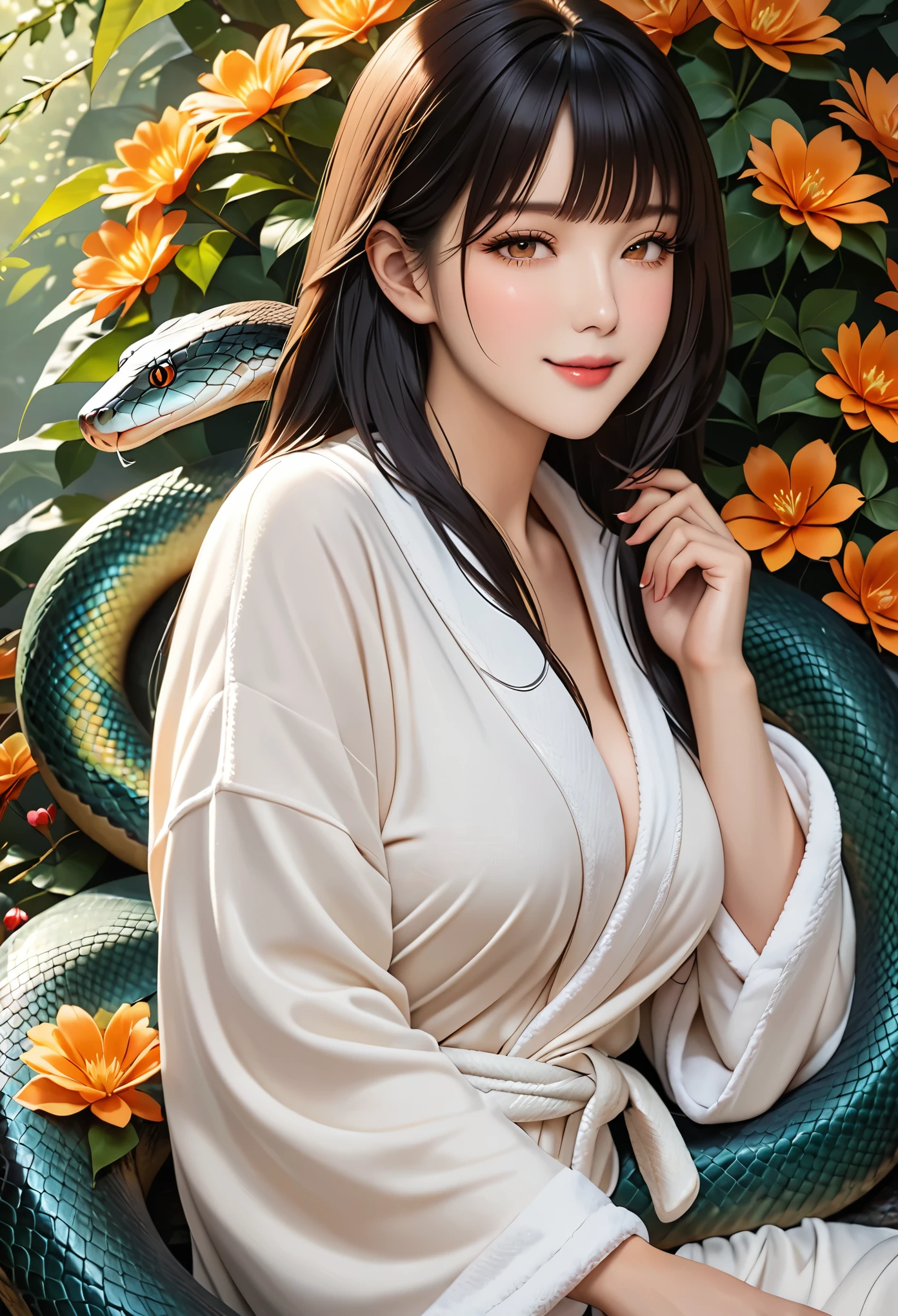 (Top image quality)，2023 Animation，Top animation quality，High-definition animation details，Detailed wallpaper，(masterpiece)，(medium view), solo，A woman is (lamia)，Pretty face，Fine black long hair，neat bangs，realistic face，close eyes，light smil，(Wearing only a loose bathrobe:1.2)，[big breast]，[Black snake tail，snake tail very smooth]，looking at viewer，Flowers background，(Lying in the embrace of the snake&#39;s tail:1.3)，(lots of fog:1.5)，(sexy feeling:1.3)