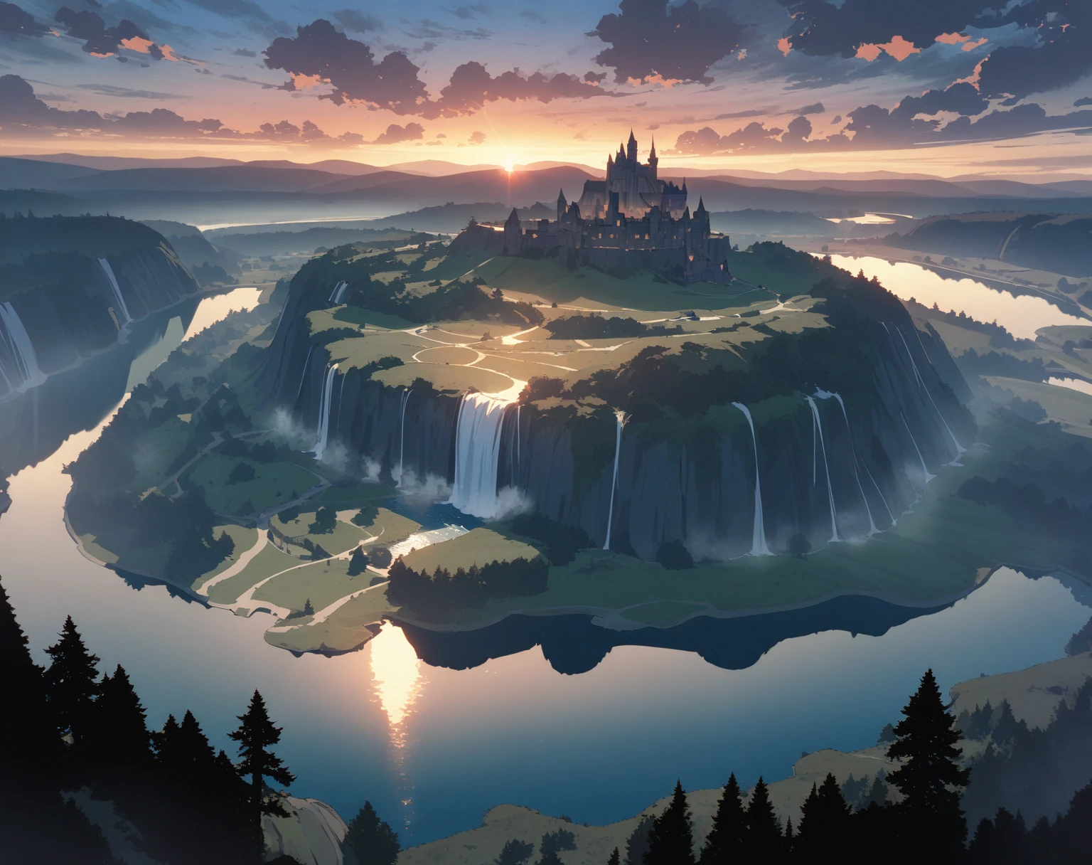 (Masterpiece, best quality, highres, up close) {{Artist: Sincos}} castle on hill, waterfall to the left, above lake, dawn, stars, clouds, fantasy setting.
