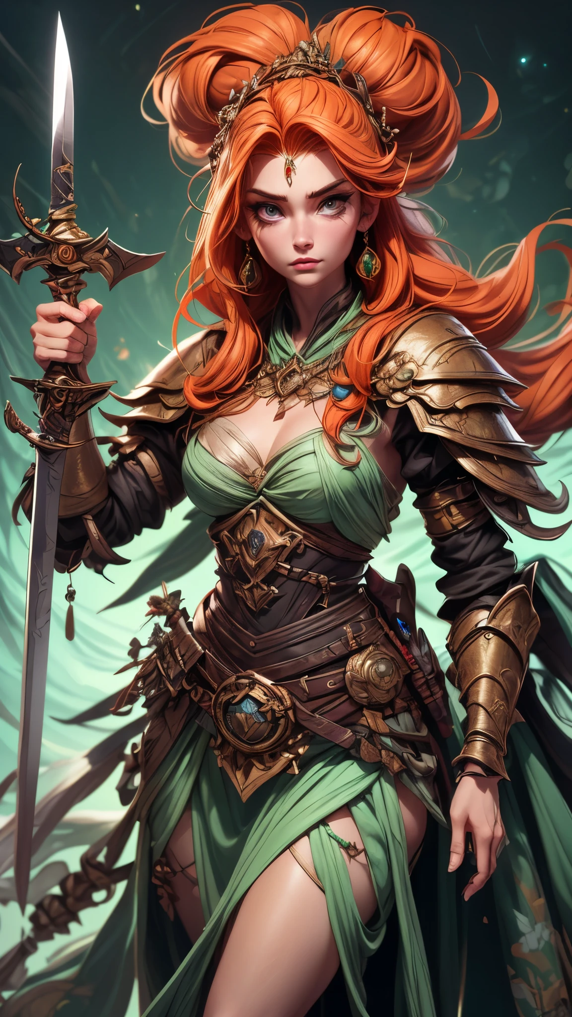 (melhor qualidade,4K,8K,alta resolução,obra de arte:1.2),ultra-detalheed, 1 mulher, Deusa irlandesa Brigid, cabelos ruivos, Armadura de ferro sobre vestes de druida, forjando uma espada, olhos determinados, desenhado no estilo de Yoshitaka Amano, mulher, HDR, 8K, absurdos, Cinemastill 800, foco nitído, adicionar_detalhe:2