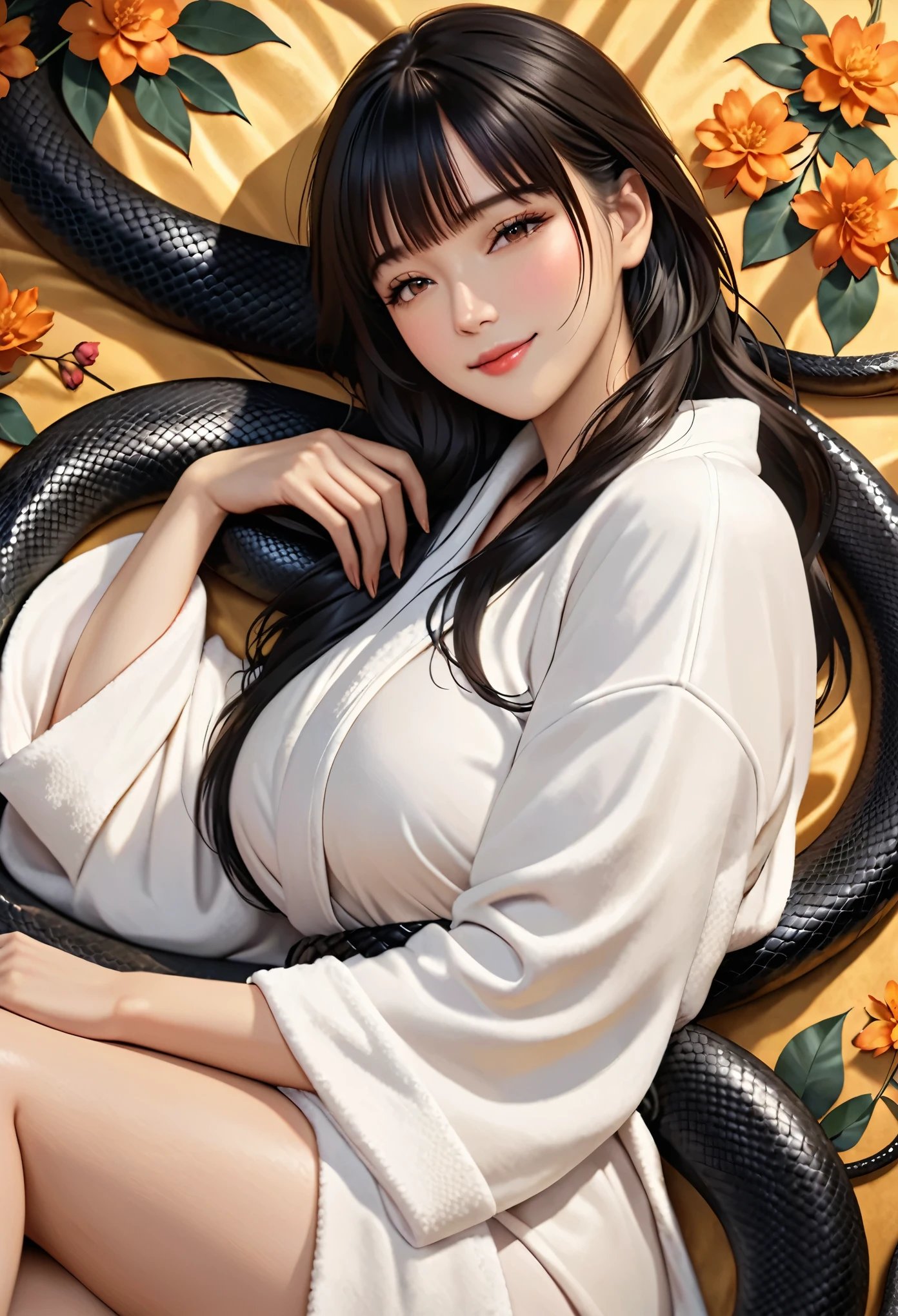 (Top image quality)，2023 Animation，Top animation quality，High-definition animation details，Detailed wallpaper，(masterpiece)，(medium view), solo，(A woman near a black python:1.2)，Pretty face，Fine black long hair，neat bangs，realistic face，close eyes，light smil，(Wearing only a loose bathrobe:1.2)，big breast，Black snake tail，snake tail very smooth，looking at viewer，Flowers background，(Lying in the embrace of the snake&#39;s tail:1.3)，(lots of fog:1.5)，(sexy feeling:1.3)