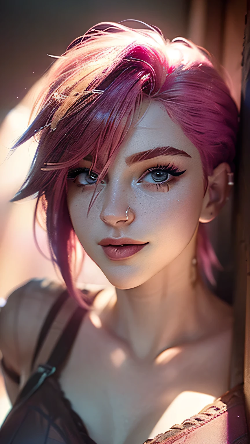 (((ultra realistic))) Photo, masterpiece, top quality, (pale skin), (Ultra detailed face and eyes:1.3), 1 girl, Adult, in a T-shirt, ((Eye makeup, pink mascara)), ((A slight smile)), ((large detailed lips)), ((Pink hair in the wind)), ((Chyolka)) , (Natural breasts), Slim waist. ((Posing)), photoshoot, studio (soft lighting), (The play of light and shadows), depth of field, bokeh, (special attention to skin detail: 1.2), Detailed leather texture, skin pores. (Warm atmosphere of the frame. Color range - purple, Pink, blue tones), UDR, ((Film grain)), ((rays)), (Glare), ((waist up portrait)) , ultra detialed, 