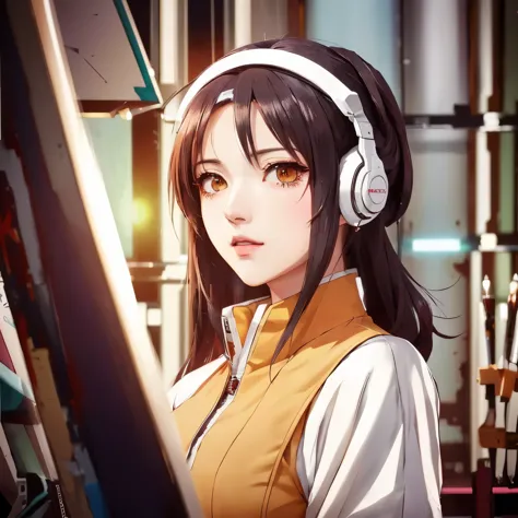 garota de anime com fones de ouvido e um colete em frente a um rack, Kantai Collection Style, estilo de arte anime moe, retrato ...