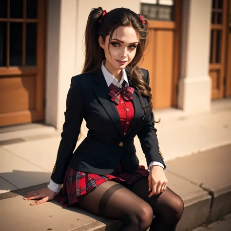 school girl blazer、 uniform、red checked skirt、jk style、jacket、smile、knee-high socks、thigh-high socks、pantyhose、a superb beauty、s...