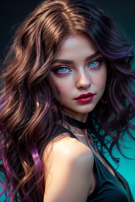 beautiful young girl with wavy purple hair, waist-high body view, black necklace around the neck, ((light bright turquoise eyes)...