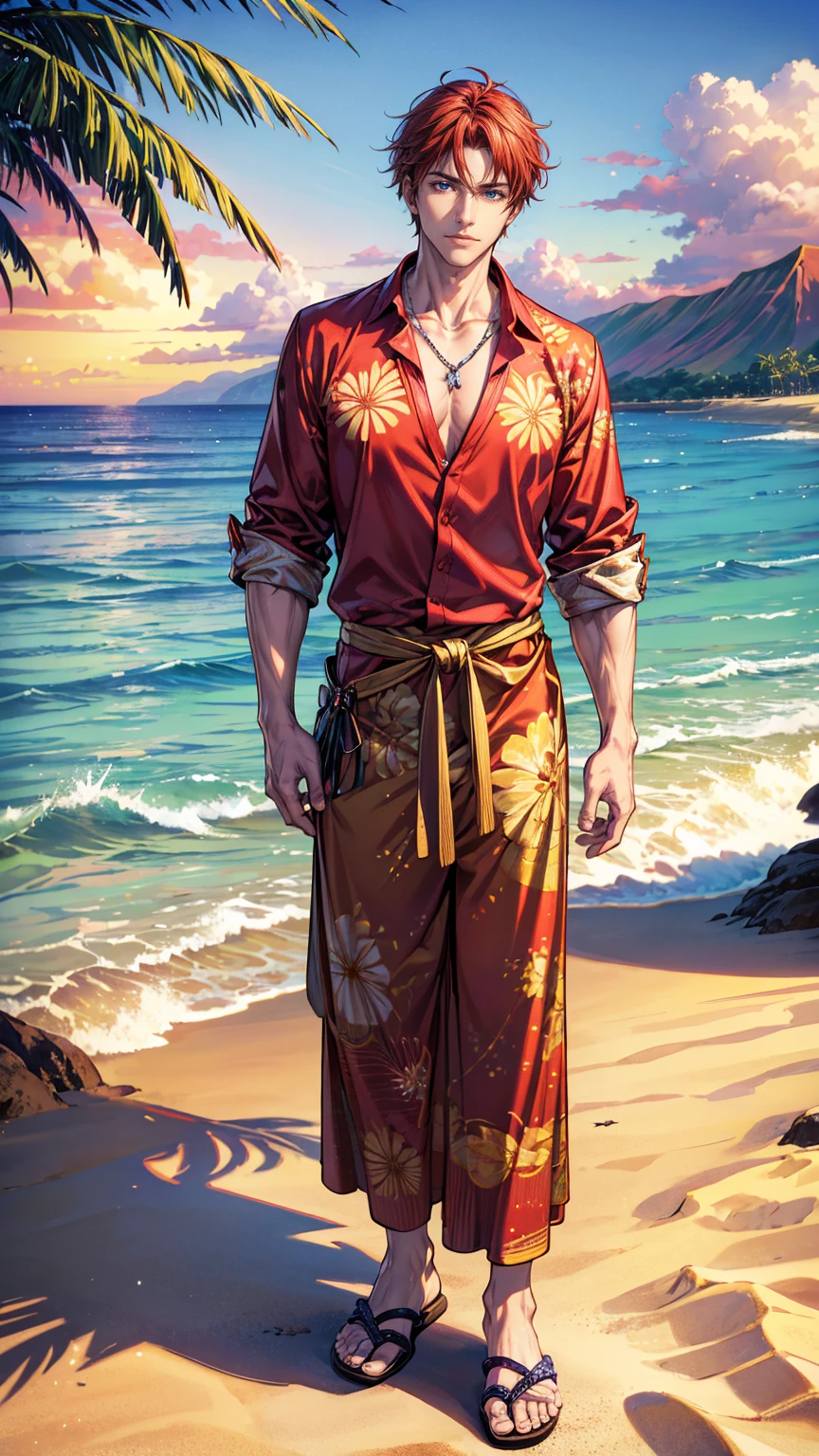 (masterpiece, Best quality, a high resolution, ultra detailed), (beautiful and aesthetically pleasing: 1.2), 1 man, adult man, red hair, purple eyes, gentle face, (slight smile: 0.8), detailed eyes and face, male body, male focus, Full length figure,  beautiful short, Hawaiian skirt, Hawaiian style, Hawaiian shirt, sandals, flowers, woven into hair, flower beads for neck, beach, Hawaii, golden hour, sea , sand, holiday on the beach
