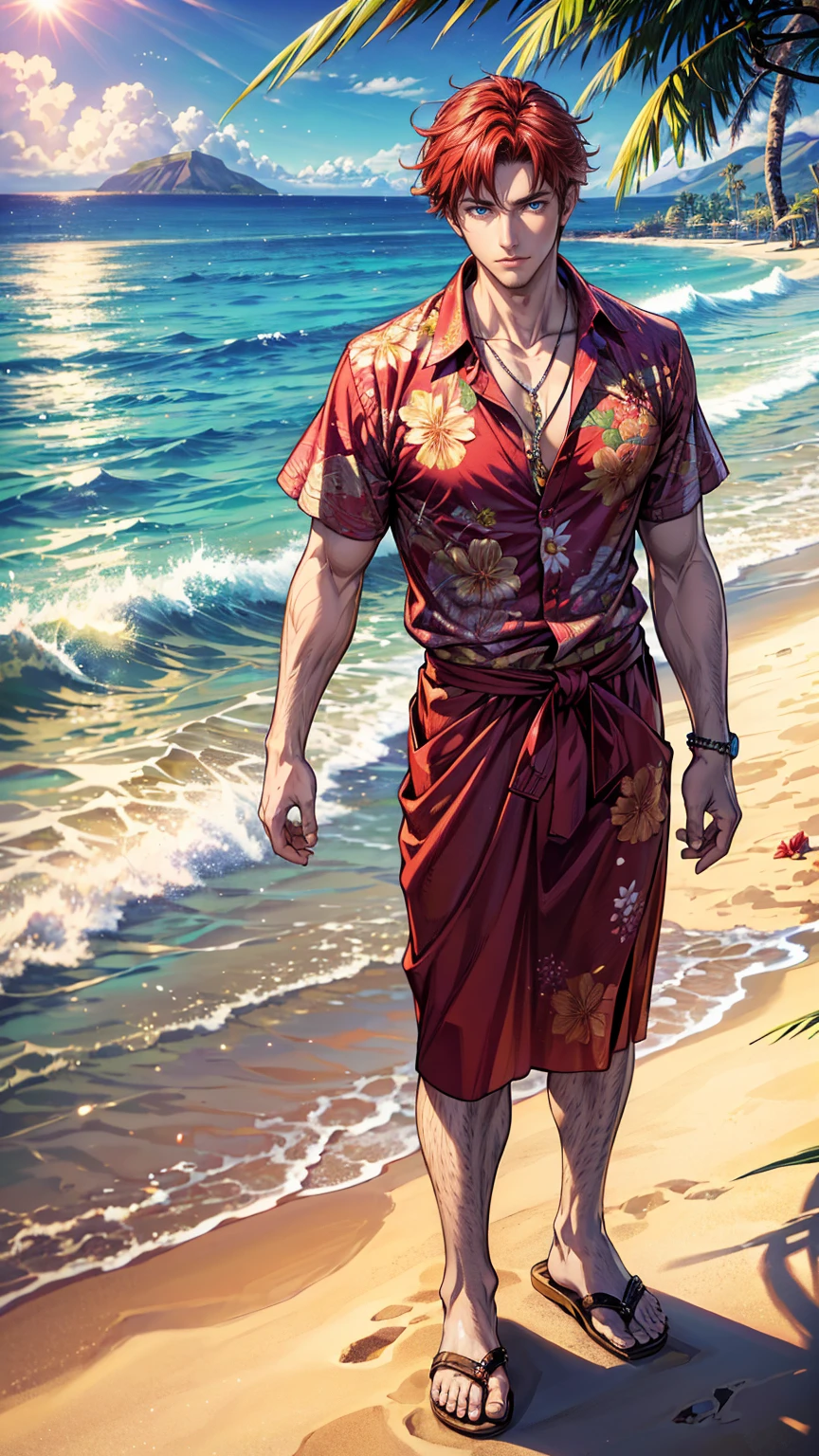 (masterpiece, Best quality, a high resolution, ultra detailed), (beautiful and aesthetically pleasing: 1.2), 1 man, adult man, red hair, purple eyes, gentle face, (slight smile: 0.8), detailed eyes and face, male body, male focus, Full length figure,  beautiful short, Hawaiian skirt, Hawaiian style, Hawaiian shirt, sandals, flowers, woven into hair, flower beads for neck, beach, Hawaii, golden hour, sea , sand, holiday on the beach
