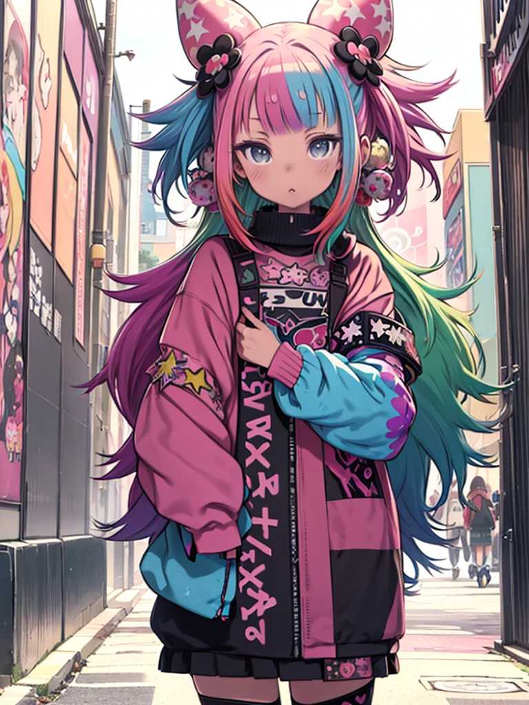 Anime girl in pink clothes standing on a city street、One girl, (Cowboy Shot:1.0), (Random color hair, Multicolored Hair:1.2) (Harajuku decora punk fashion:1.5), (A girl wearing layers of colorful clothes:1.3), (multiple hair clips), Knee-high socks in various patterns, Carrying a stuffed animal, Stand in front of a wall of graffiti,