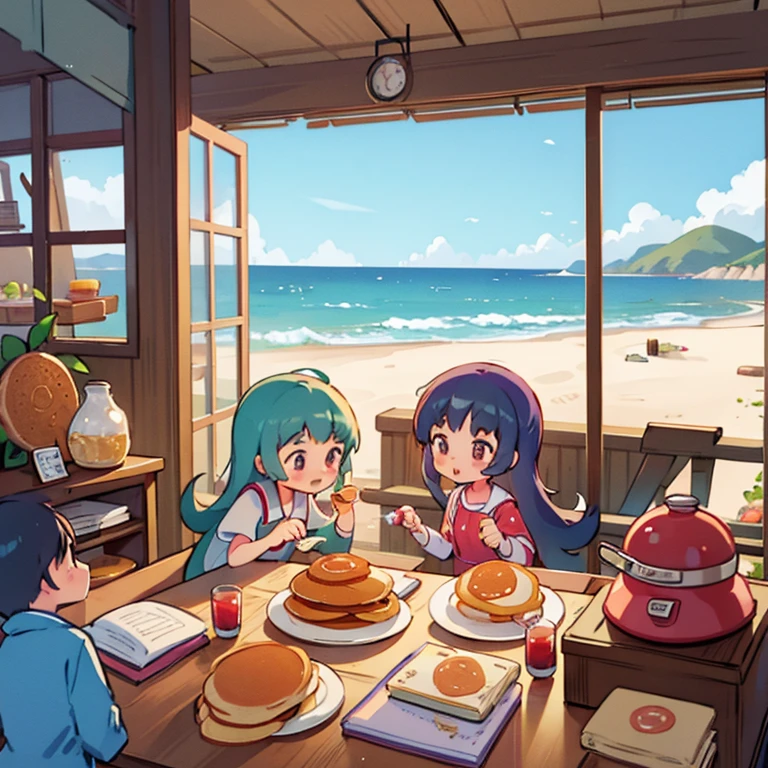 Girls baking pancakes in a shop　A lot of pancakes on the table　detailed pancakes　A shop with a view of the sea in the background　