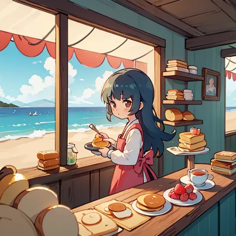 girls baking pancakes in a shop　a lot of pancakes on the table　detailed pancakes　a shop with a view of the sea in the background