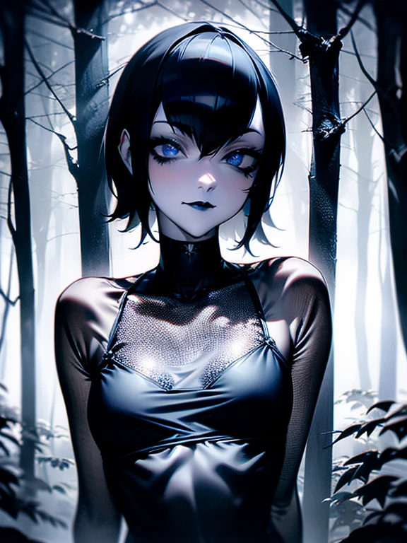 mavis, Whole body, black lipstick, Gothic, Dark autumn forests, masterpiece, detailed background, Very detailed, Intricate, detailed face, long eyelashes, detailed eyes,, Beautiful, sexy, punky, Gothic, Upper part of the body, small breasts, Upper part of the body, smile, beautiful, Beautiful