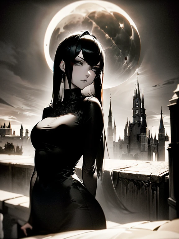 ((1 girl)), long black hair, choker neck, wifes, Long black Victorian style dress., standing, dramatic pose, cowboy shot, gothic castle, evening, eveningtime, a moon, Moonlight, candles, Candlelight, Dramatic lighting, cinematic lighting, 