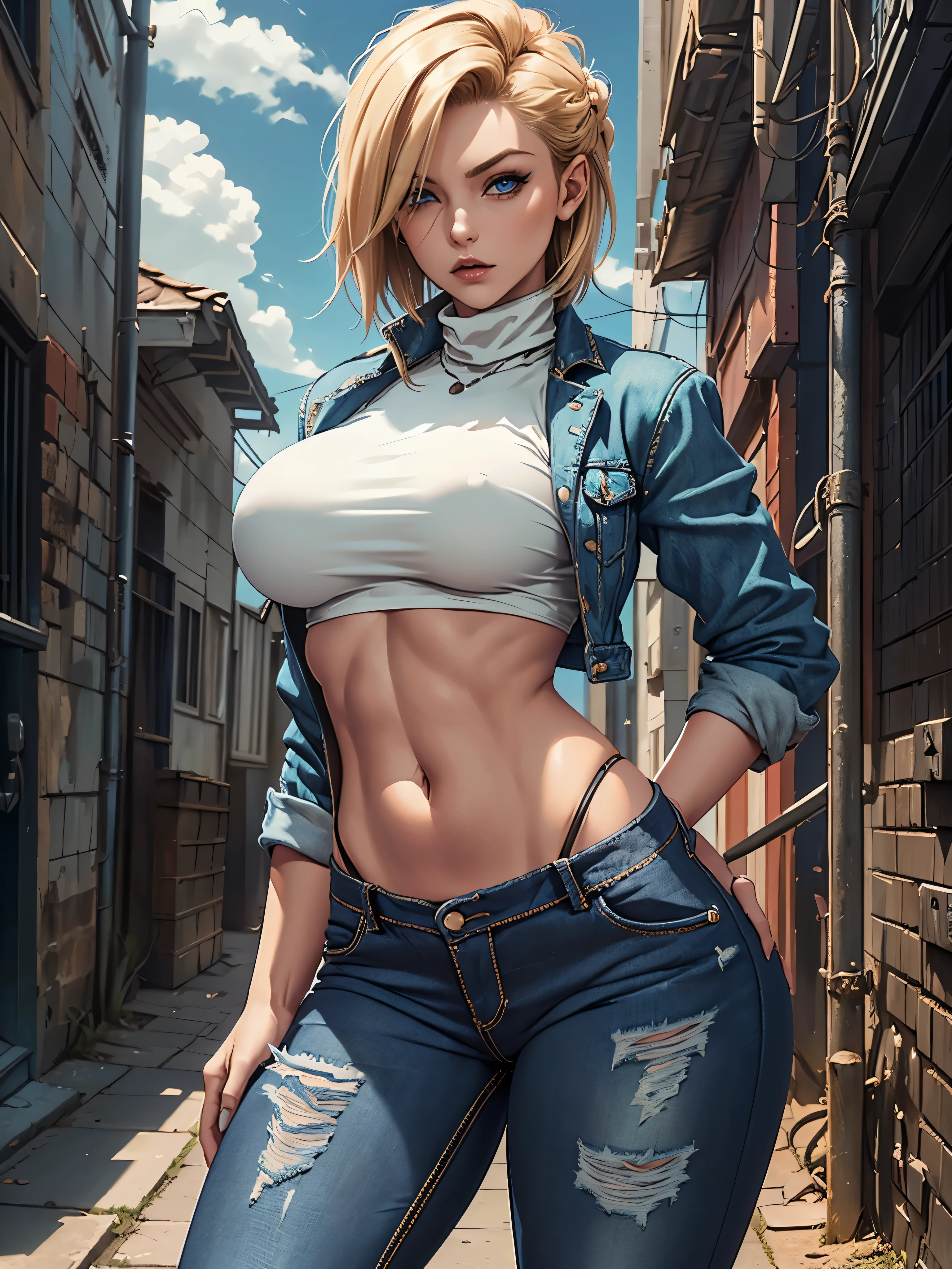 masterpiece, best quality, highly detailed, cowboy shot, portrait, android 18, short hair, blond hair, blue eyes,
harem, large breasts, , ((blue jacket)), ((black turtleneck croptop)), midriff, (denim jeans, full length jeans, ((low rise jeans)), skindentation, 
BREAK
(city, alleyway, night, dark theme), (clouds), add_detail:1, hair over eyes, hair over one eye, wide hips, thick legs, massive breasts, underboob