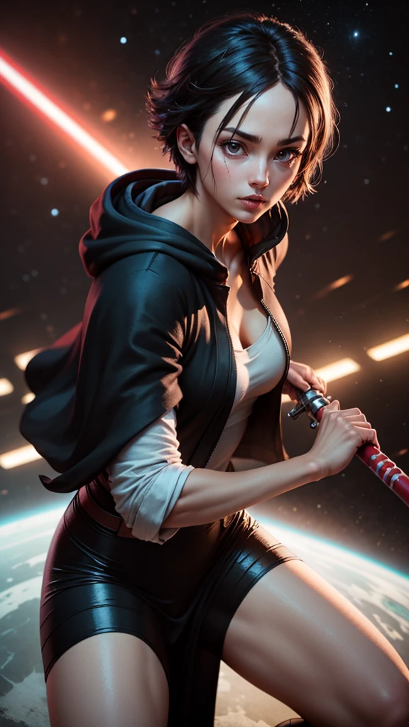 A sith, black hair, red eyes, short hair, dark skin, dressed as a Jedi, 30 years old, mature, XL bust, gripping a one red light saber in only one hand, wearing a black cloak with red details, fighting, in a battle stance, Background: Inside the death star space station, Unreal Engine 5, Anime, Anime style, Masterpiece, Well drawn eyes, well drawn face, well detailed eyes, well detailed face, 8k, light and shadow effect.