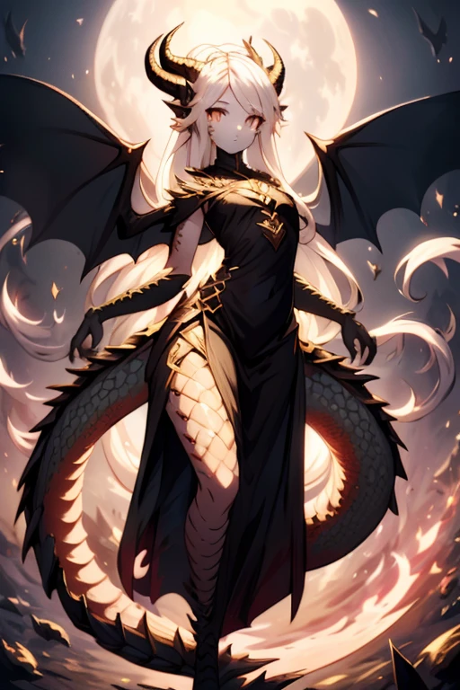 1girl, glowing eyes, wavy hair, demure ornate dress, scales, scales on face, dragon wings, medium chest, dragon horns, under the moon, slender figure, scaled humanoid, dragon eyes