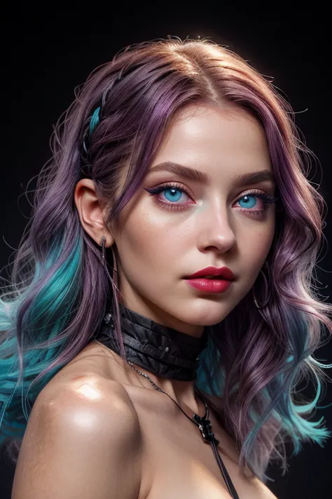 beautiful young girl with wavy purple hair, (((waist-high body view))), black necklace around the neck, ((light bright turquoise...